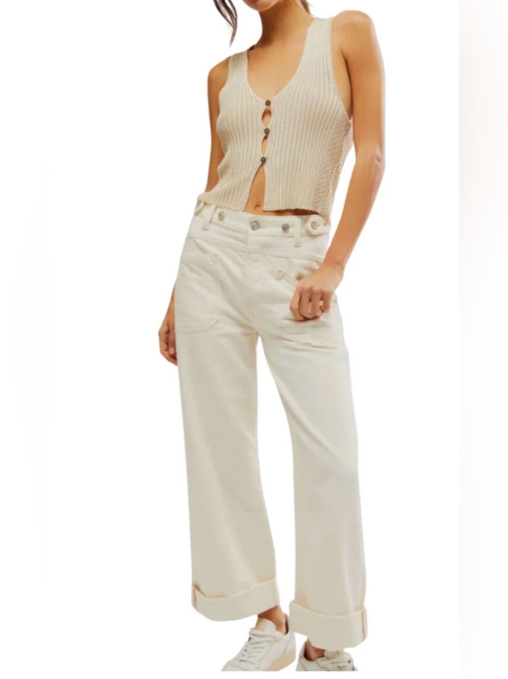 Free People We The Free Palmer Cuffed Jeans Women's 28 Wide Leg Egg Shell